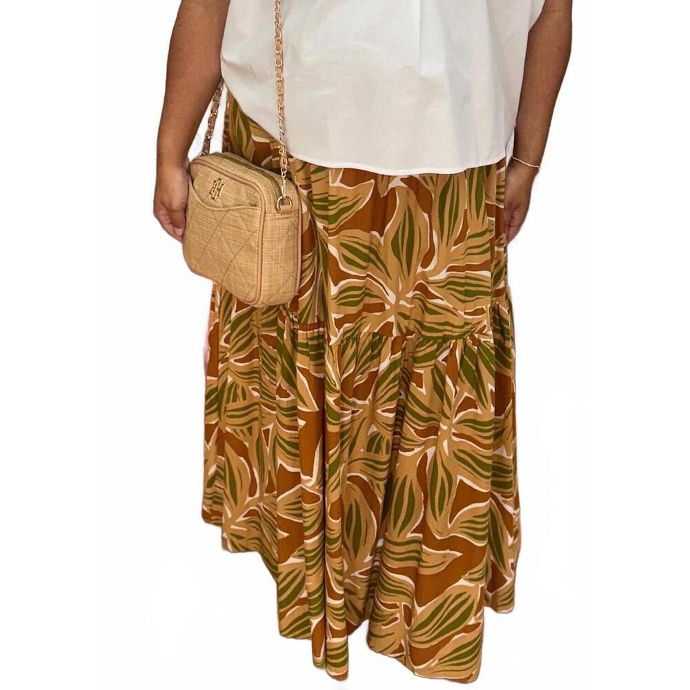 NEW KARLIE desert palm smock tier maxi skirt in green
